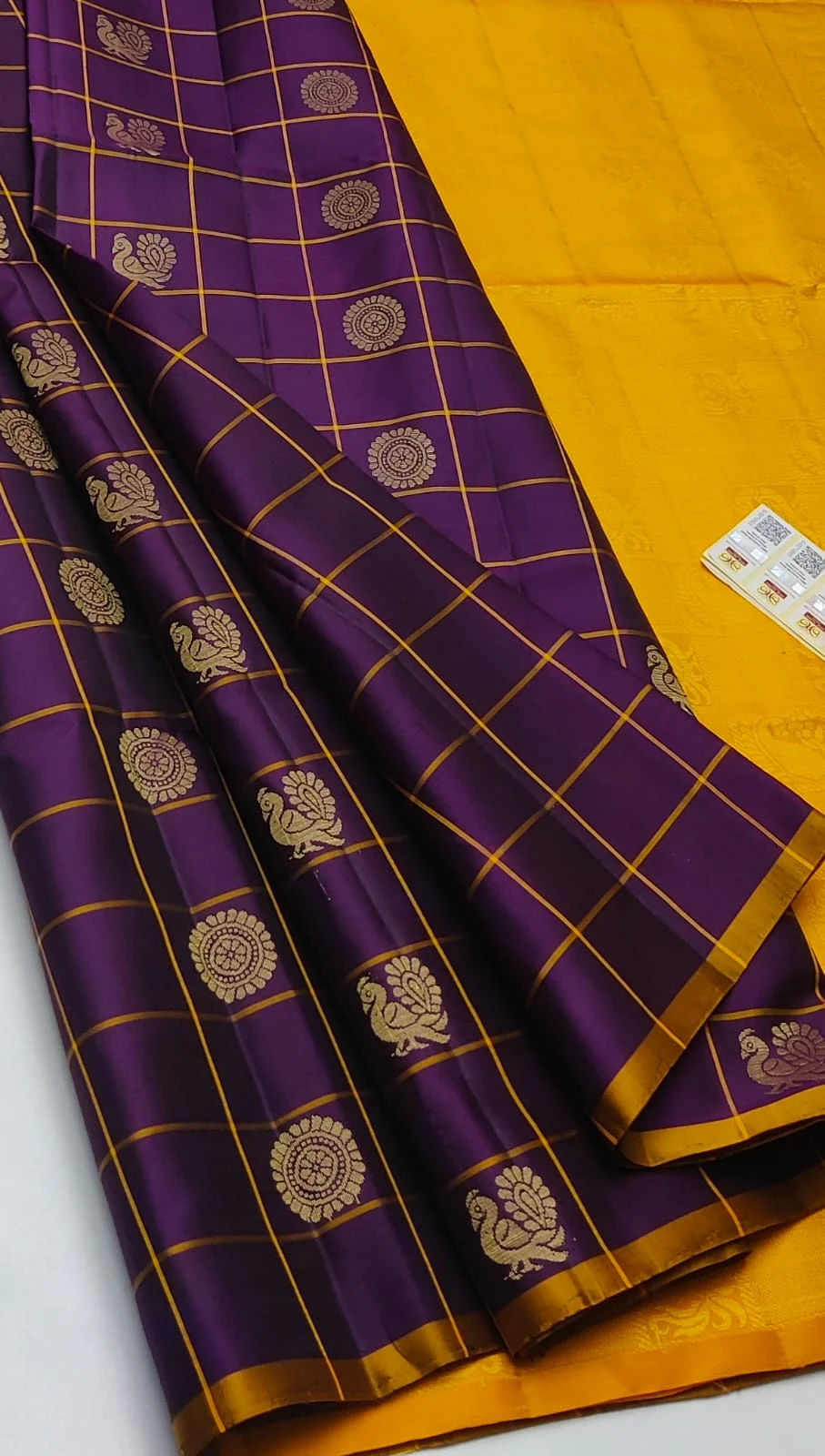 Wine Purple with Mustard Yellow Checked Pattern Kanchipuram Pure Silk Saree